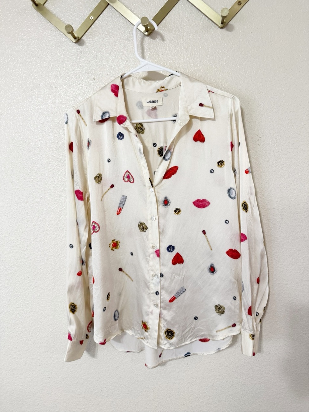 L’Agence Tyler Silk Champagne Multi Heart Jewel Button Up Long Sleeve Blouse - Picture 8 of 13